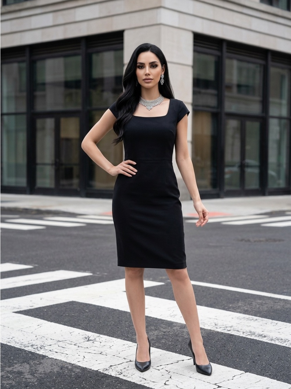 Ann Taylor Black Square-Neck Midi Sheath Dress